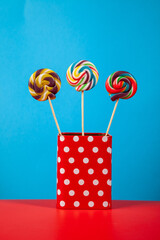 three colorful lollipops stock photo