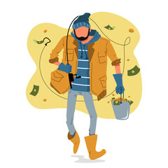 Business fishing for money concept, man brings a bucket of money, catch a money, succesfull manager, finance, achievements, investment luck, startup. Vector illustration cartoon.
