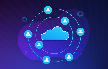 Cloud Collaboration vector illustration concept. Remote online business technology, Teamwork communication, wireless and online computing. Cloud management flat vector icon on violet background