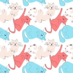 Vector seamless pattern with abstract stylized cats. Cats sleep in different poses on a white background.