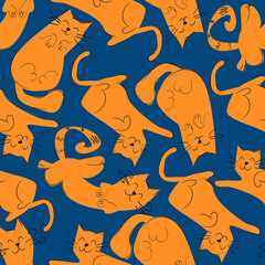 Abstract vector cats in funny sleeping poses on a classic blue background seamless pattern.