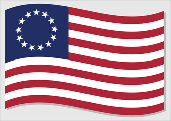 Waving flag of United States vector graphic. First waving American flag illustration called Betsy Rose. United States country flag wavin in the wind is a symbol of freedom and independence.