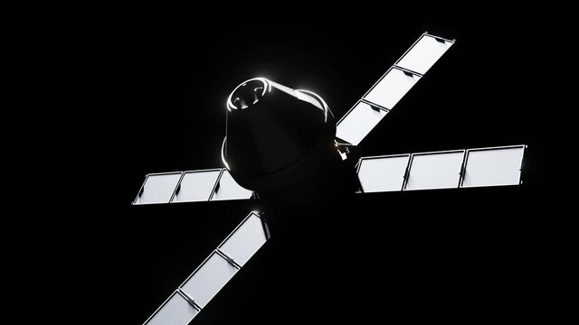 3d Animation of a ISS international Space Station satellite module in space, with solar panels. 