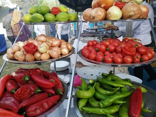 barbecue adana kebab, pepper, tomato and onions