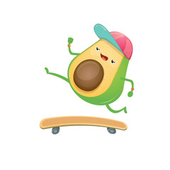 Cartoon hipster avocado skater character riding on skateboard isolated on white background. Cute sporty healthy food character riding on board