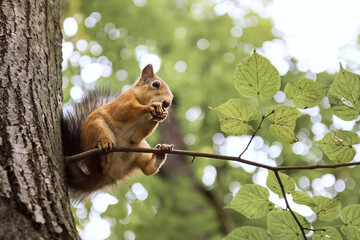 Cute squirrel sits in tree branch eating nut