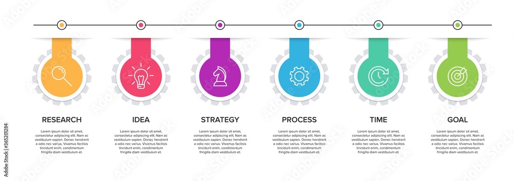 Poster concept of arrow business model with 6 successive isometric steps. six colorful graphic elements. ti