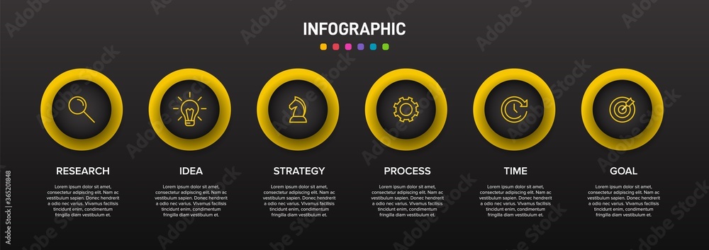 Poster concept of arrow business model with 6 successive isometric steps. six colorful graphic elements. ti
