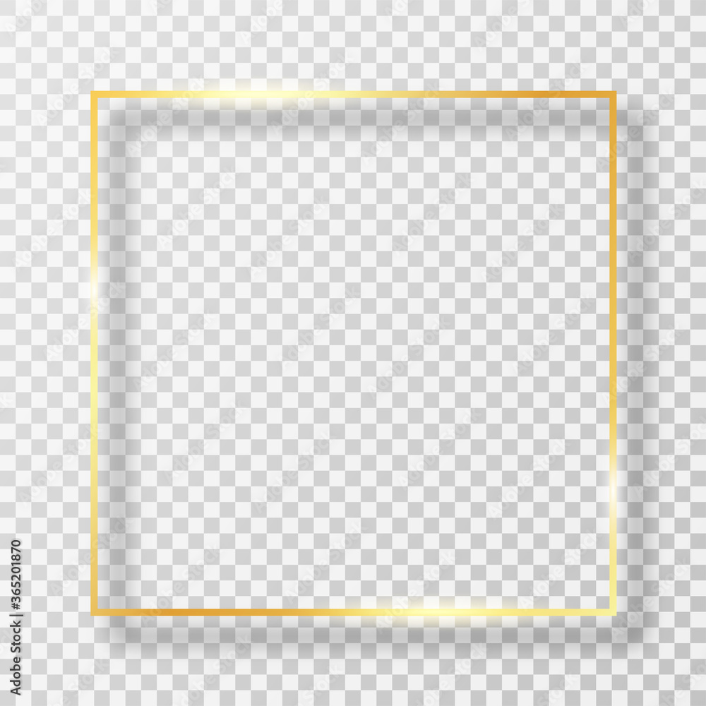 Leinwandbilder Golden frame in square shape with light effect. Golden luxury frame or border with glares and light on transparent background