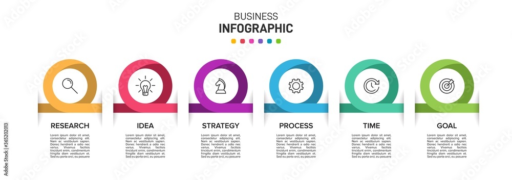 Poster concept of arrow business model with 6 successive isometric steps. six colorful graphic elements. ti