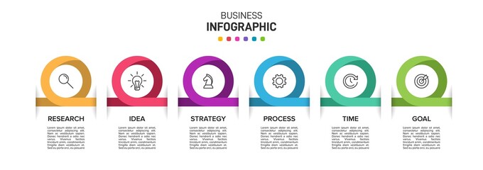 Concept of arrow business model with 6 successive isometric steps. Six colorful graphic elements. Timeline design for brochure, presentation. Infographic design layout