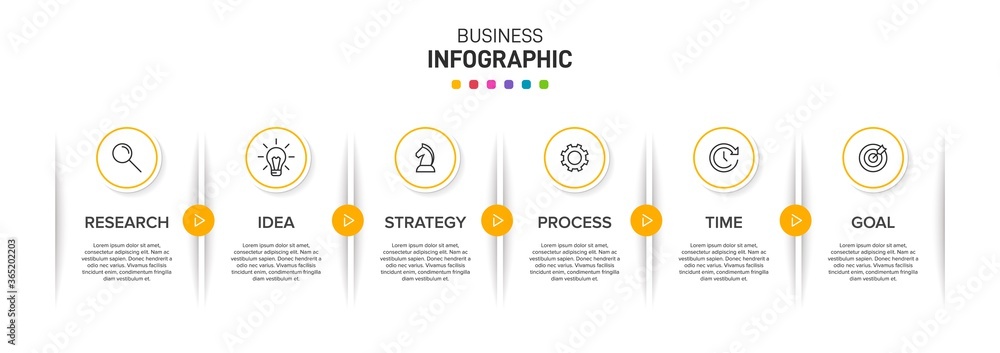 Poster concept of arrow business model with 6 successive isometric steps. six colorful graphic elements. ti