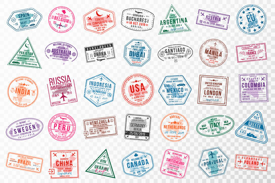 Set of travel visa stamps for passports. Abstract international and immigration office stamps. Arrival and departure visa stamps to Europe, America, Asia and Australia