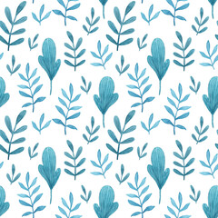Seamless pattern with blue hand painted watercolor floral elements