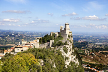 Fototapeta na wymiar August 2019 - Republic of San Marino - the historic center of the city of San Marino and Mount Titano have been registered by UNESCO - view of the Castell
