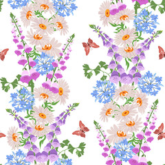Wild Flowers, butterflies on a white background. Seamless vector illustration. © Nadezhda