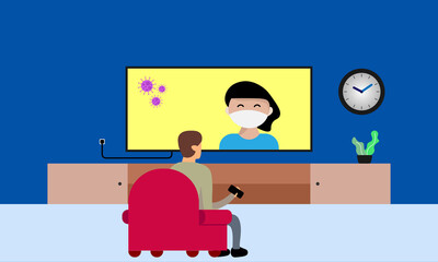 the man sitting watching coronavirus news with reporters using masks to stay protected, stay at home concept design. vector illustration