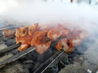 Shashlik preparing on a barbecue grill over charcoal. Shashlik or Shish kebab popular in Eastern Europe.