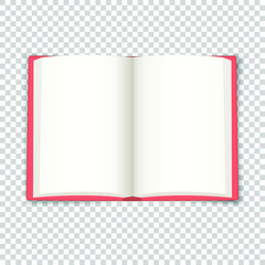 Open book. Blank template for illustrations, applications and programs with text. Realistic vector layout with shadows on a transparent background. Open in the middle book with cover and blank sheets.
