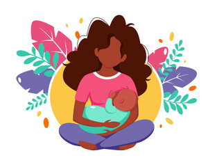 Breastfeeding concept. Black woman feeding a baby with breast on leaves background. Vector illustration in flat style.