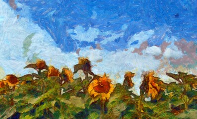 Oil paintings landscape, field of sunflowers against blue sky.