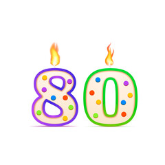 Eighty years anniversary, 80 number shaped birthday candle with fire on white