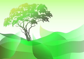 Green abstract background with tree. Abstract landscape. Vector illustration