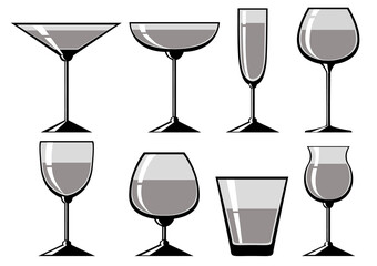Set of glasses of different shapes. Vector illustration.