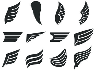Wings vector icons. Set of universal logo, black silhouettes isolated on white. Symbol of freedom, independence or flight. Tattoo element template. Different types and shapes of wings.