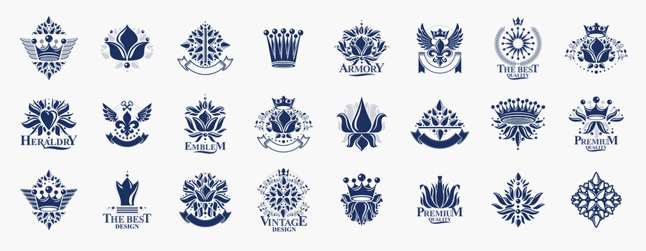 De Lis and crowns vintage heraldic emblems vector big set, antique heraldry symbolic badges and awards collection with lily flower symbol, classic style design elements, family emblems.