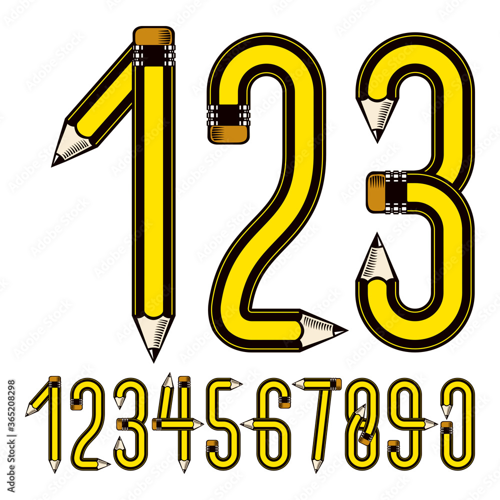 Poster set of vector tall numbers created using stationery design, constructed with pencils, for use in rep