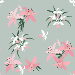 Beautiful tropical orchids and lily on a gray background. Seamless vector illustration.