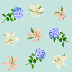 Delicate lilies and hydrangeas on a green background. Vector illustration, can be used as seamless for fabric decoration, packaging.