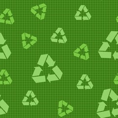 Recycle seamless pattern with three arrow symbol in different sizes and natural shades of green colour.