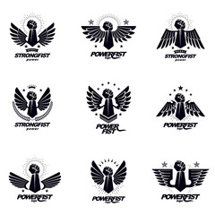 Set of vector symbols created with clenched fist of athletic man, eagle wings, pentagonal stars and different graphic elements. Best fighter vector emblems, champion concept.