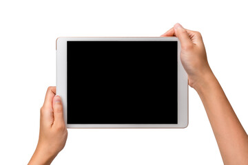 Technology business concoept: Two hands hold a mockup white tablet on white background with clipping path of screen.
