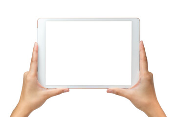 Technology business concoept: A busuness Woman hold a mockup white tablet on white background with clipping path of screen.