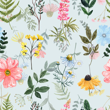 Summer floral seamless pattern with wild flowers on pastel blue background. Watercolor meadow wildflowers illustration. Cute botanical print. Floral design paper