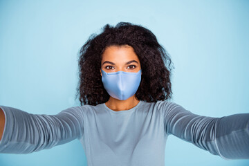 Self-portrait of her she nice lovely attractive girl wearing reusable cotton textile mask stop...