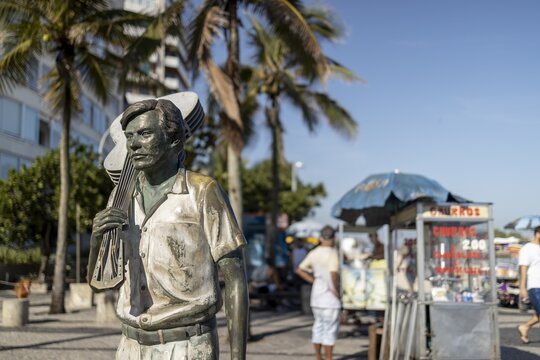 RIO DE JANEIRO, BRAZIL - Jul 12, 2020: Rio de Janeiro composer Tom Jobim bronze statue in Ipanema