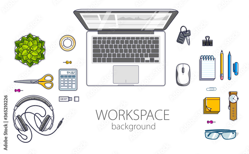 Poster work desk workspace top view with laptop computer and a lot of different stationery objects on table
