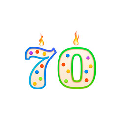 Seventy years anniversary, 70 number shaped birthday candle with fire on white