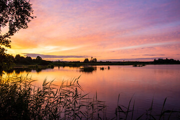 Beautiful pink vibrant sunset on a forest lake