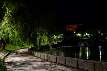 Night city park with a river and beautiful lanterns in summer