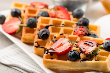 Photo of Belgian waffles. Dessert breakfast concept. 