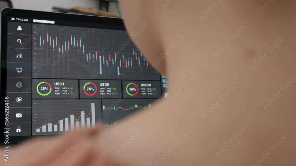 Poster handle shot of businesswoman trader looking on computer with graphs analysis candle line diagrams on