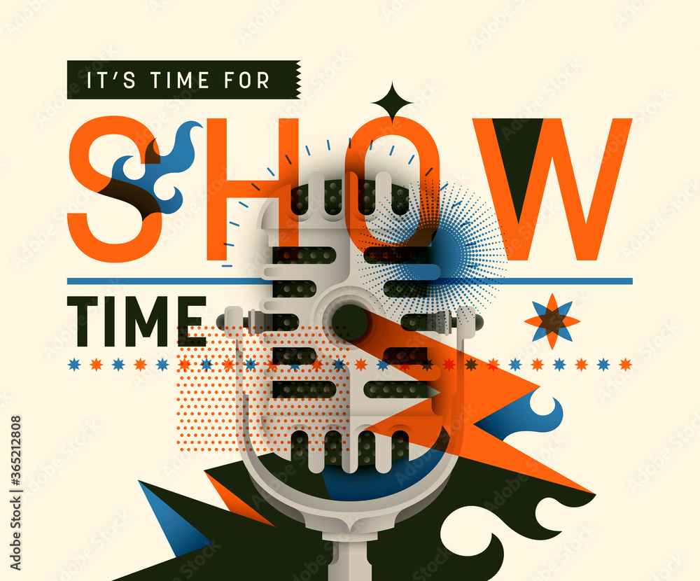 Poster abstract banner design with retro microphone, typography and various graphic elements in color. vect