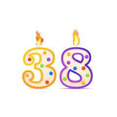 Thirty eight years anniversary, 38 number shaped birthday candle with fire on white