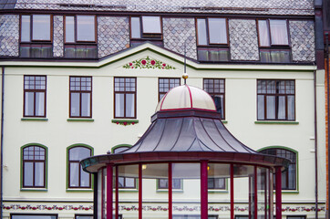 Beautiful Art Nouveau architecture and buildings in old town and historic district make Alesund a...