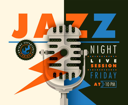Jazz banner design with retro microphone, typography and various graphic elements in color. Vector illustration.